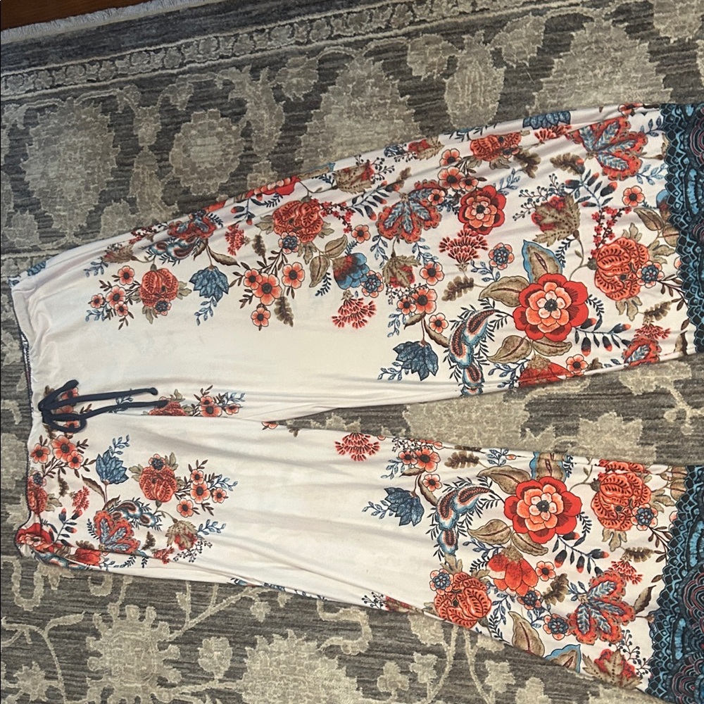 Floral Wide-Leg Pants with Lace Trim